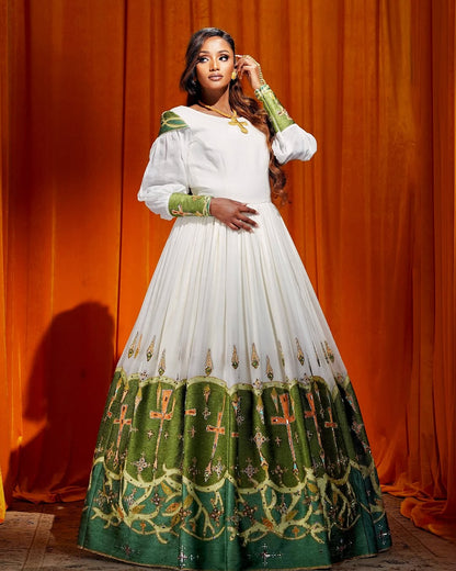 Elegant Green Ethiopian Bridal Habesha Kemis with Wide Embroidery and Detailed Design