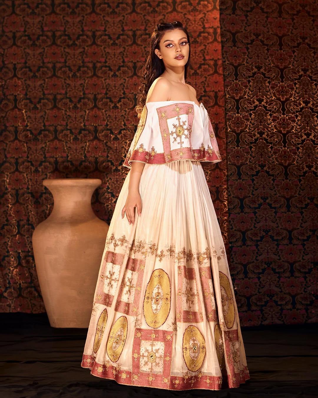 Delicate Light Pink and Gold Embellished Ethiopian Wedding Dress