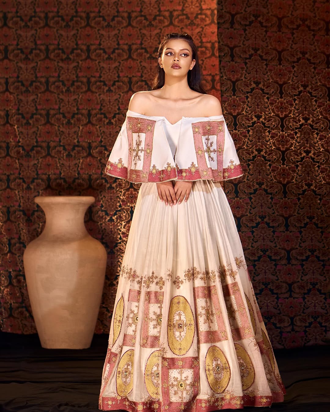 Delicate Light Pink and Gold Embellished Ethiopian Wedding Dress