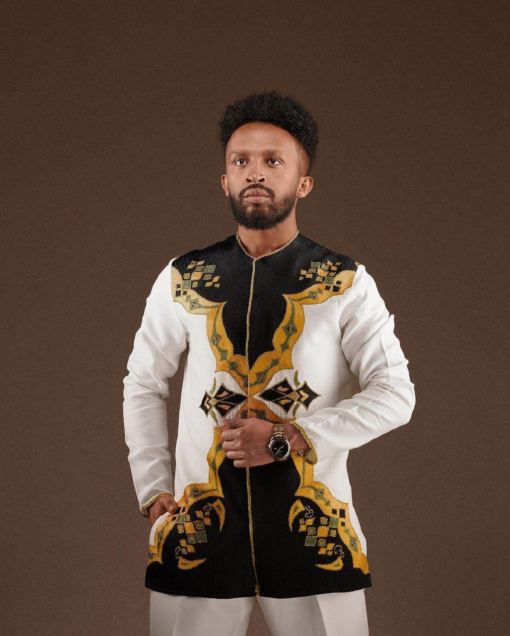 Modern Habesha Men's Shirt Graceful Ethiopian Design with Black and Gold Embroidery