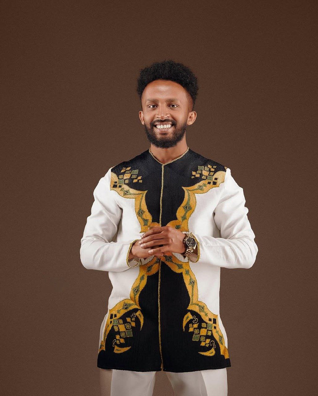 Modern Habesha Men's Shirt Graceful Ethiopian Design with Black and Gold Embroidery