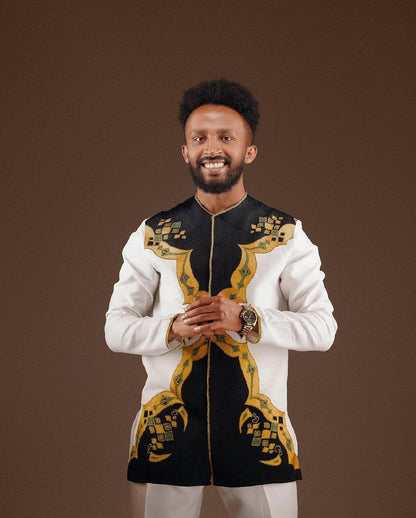 Modern Habesha Men's Shirt Graceful Ethiopian Design with Black and Gold Embroidery