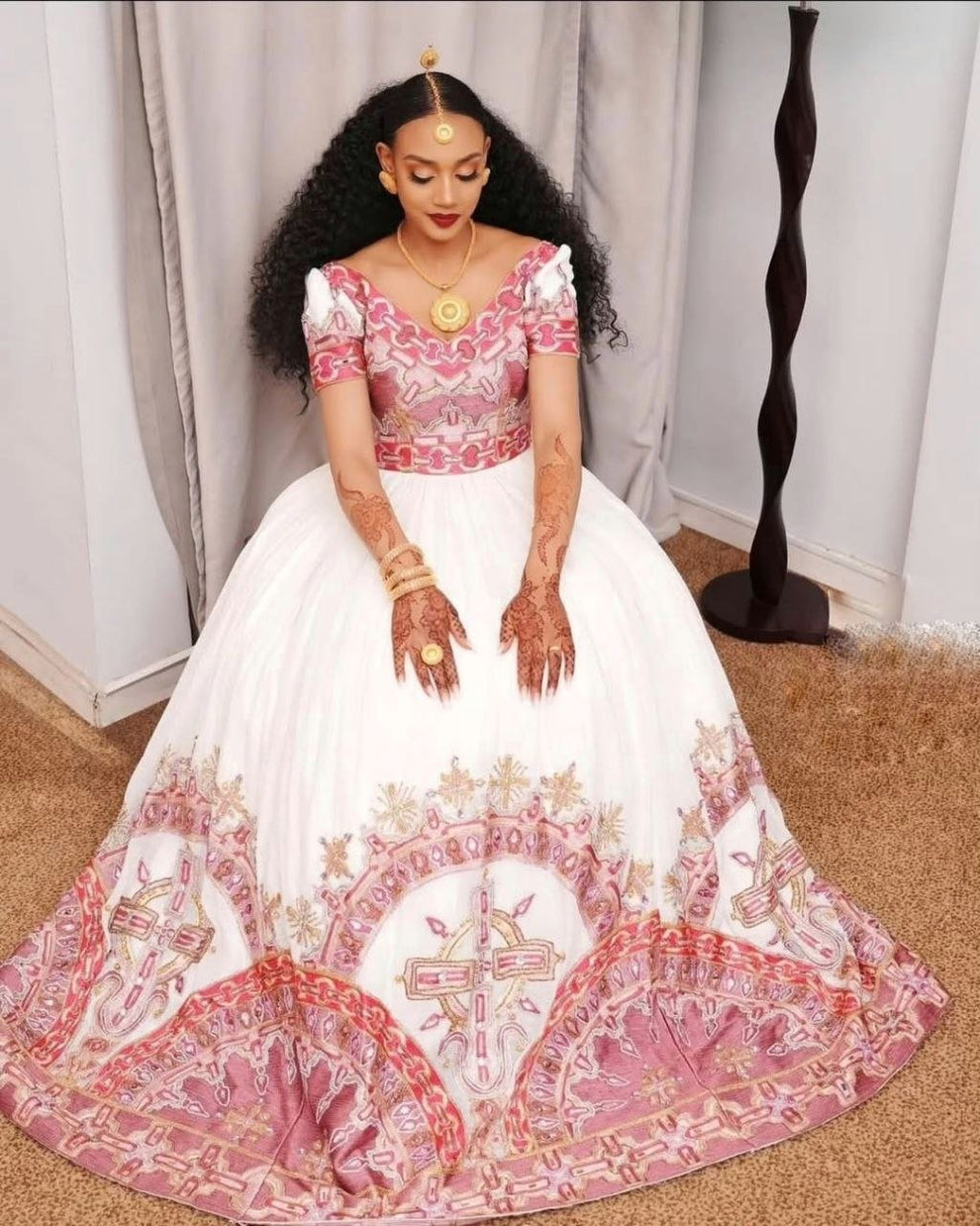 Elegant Habesha Dress: Vibrant Pink & White Ethiopian Style