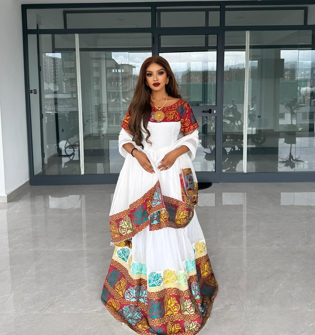 Appealing Colorful Habesha Dress flowing Fabric Blended with Eritrean Attire