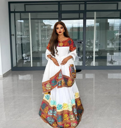 Appealing Colorful Habesha Dress flowing Fabric Blended with Eritrean Attire