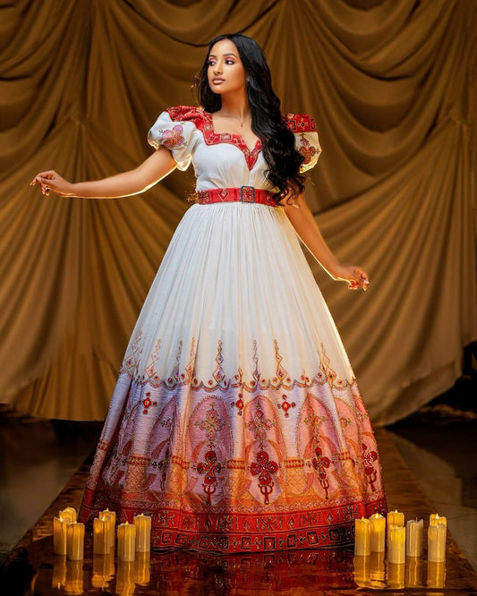Elegant Red Traditional Habesha Wedding Dress Handmade