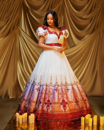 Elegant Red Traditional Habesha Wedding Dress Handmade