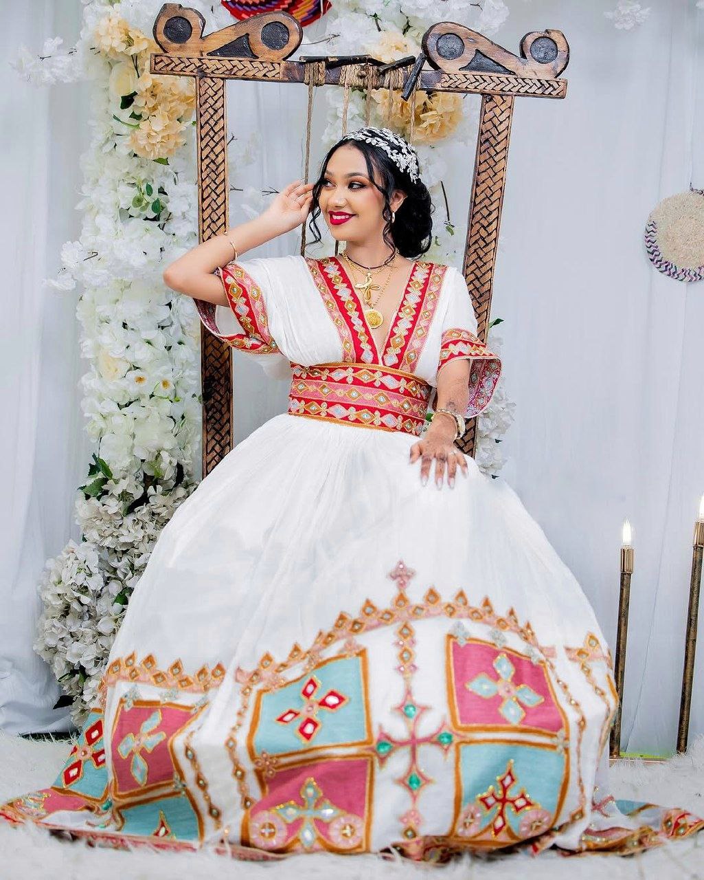 Vibrant Multicolor Ethiopian Dress Stylish Short Sleeve Habesha Bridal Attire 
