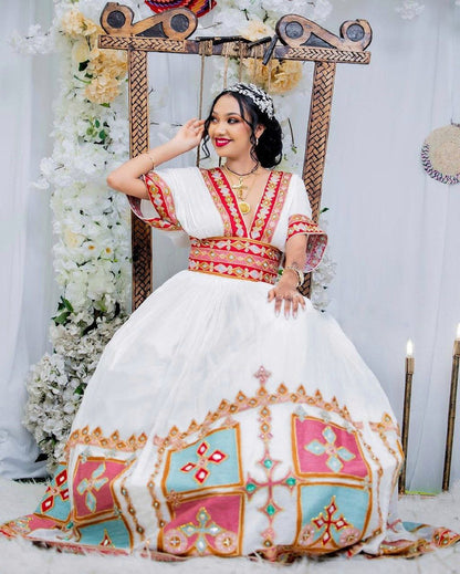 Vibrant Multicolor Ethiopian Dress Stylish Short Sleeve Habesha Bridal Attire 