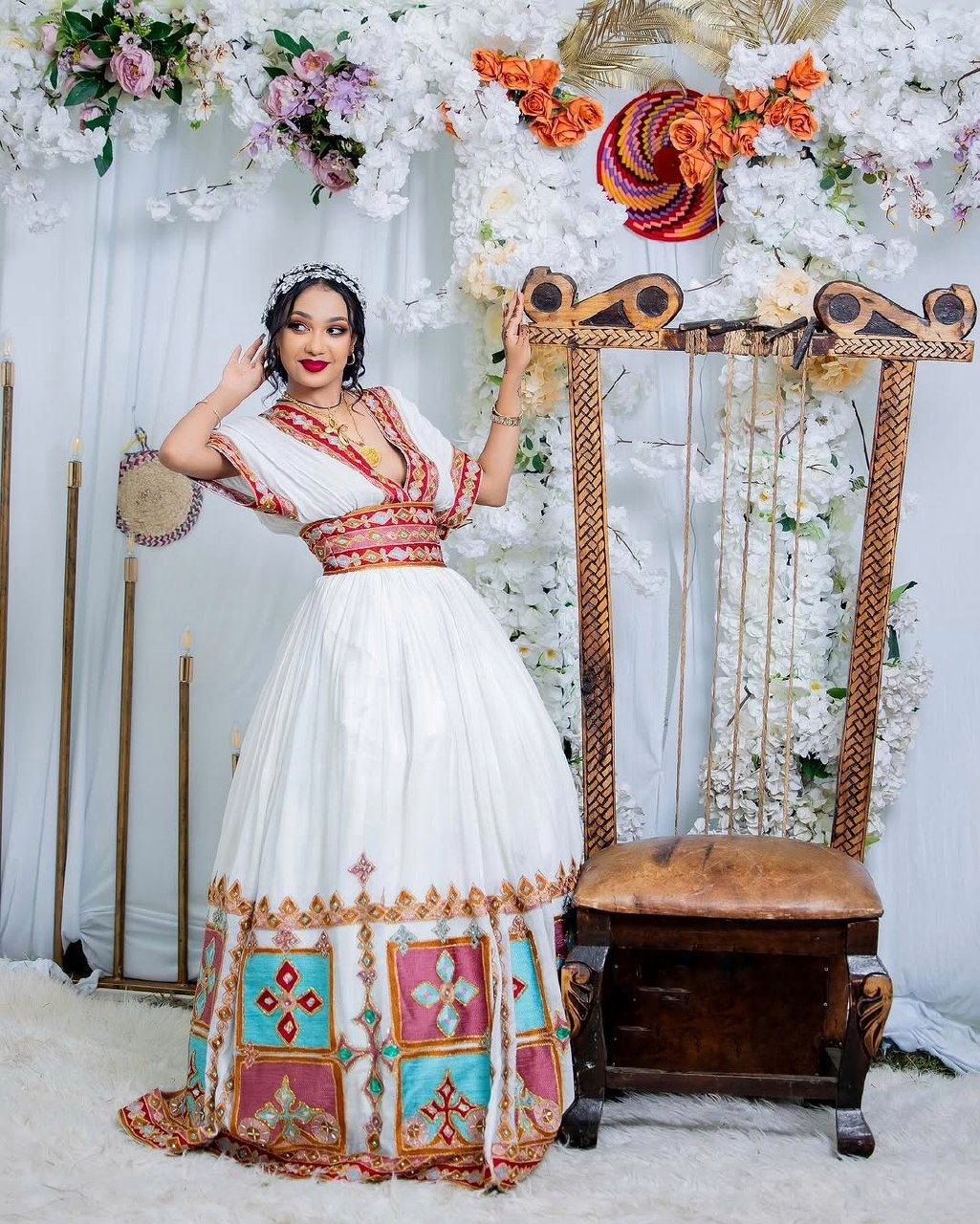 Vibrant Multicolor Ethiopian Dress Stylish Short Sleeve Habesha Bridal Attire