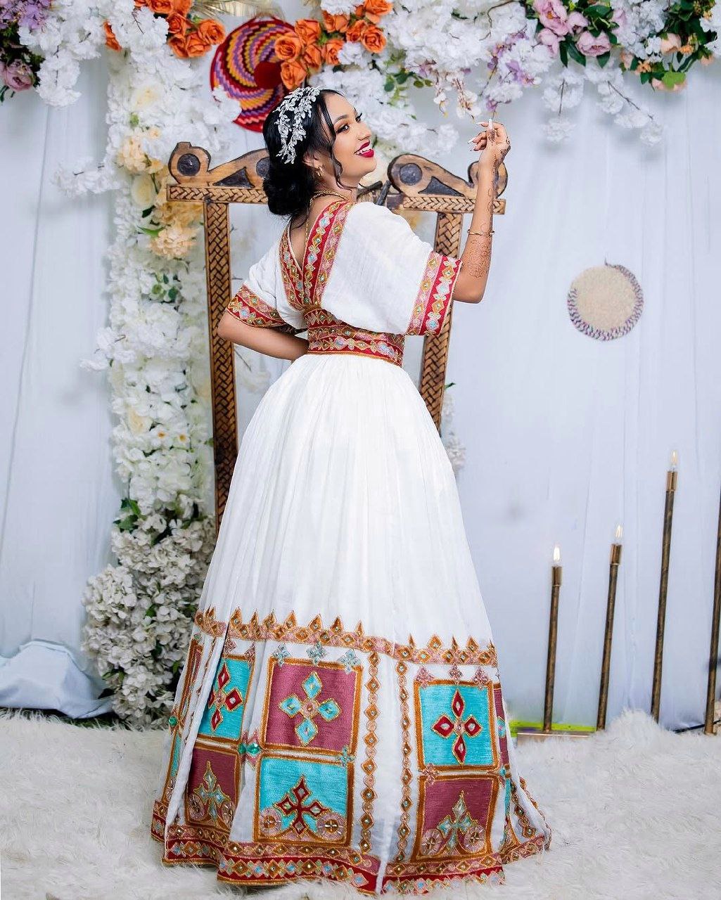 Vibrant Multicolor Ethiopian Dress Stylish Short Sleeve Habesha Bridal Attire
