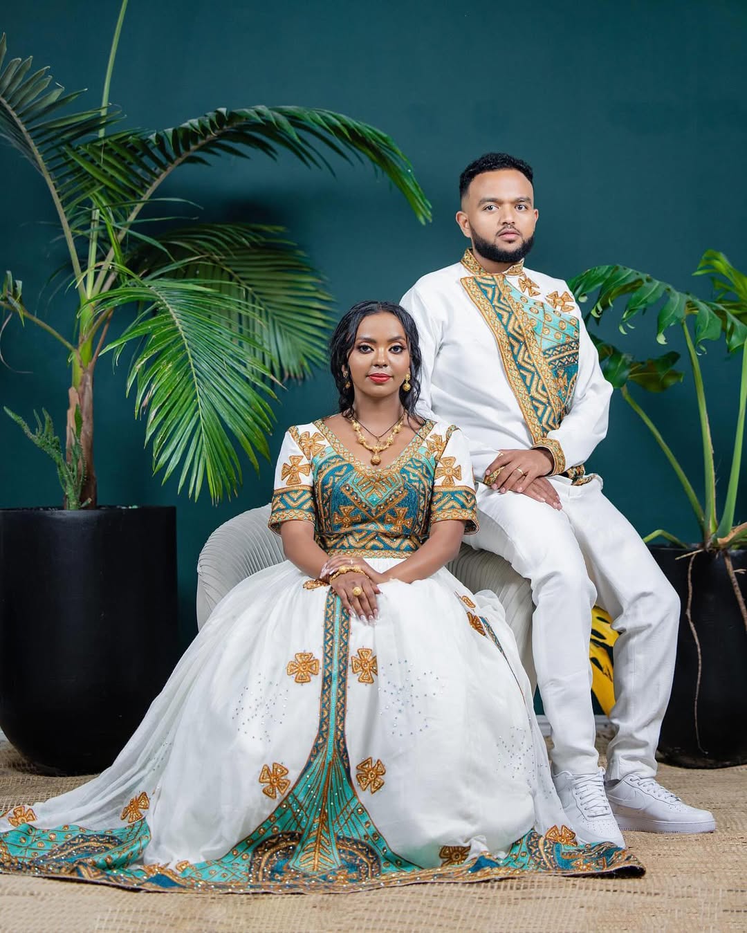 Flawless Green Habesha Couples Wedding Outfit with Golden Accents