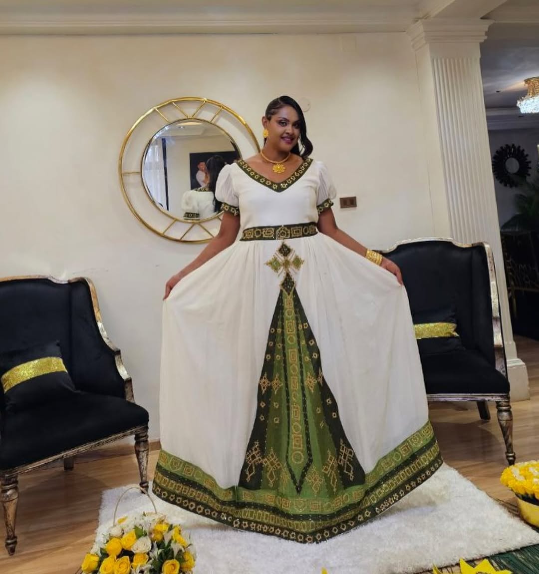 Vibrant Green Traditional Ethiopian Habesha Dress For Any Event
