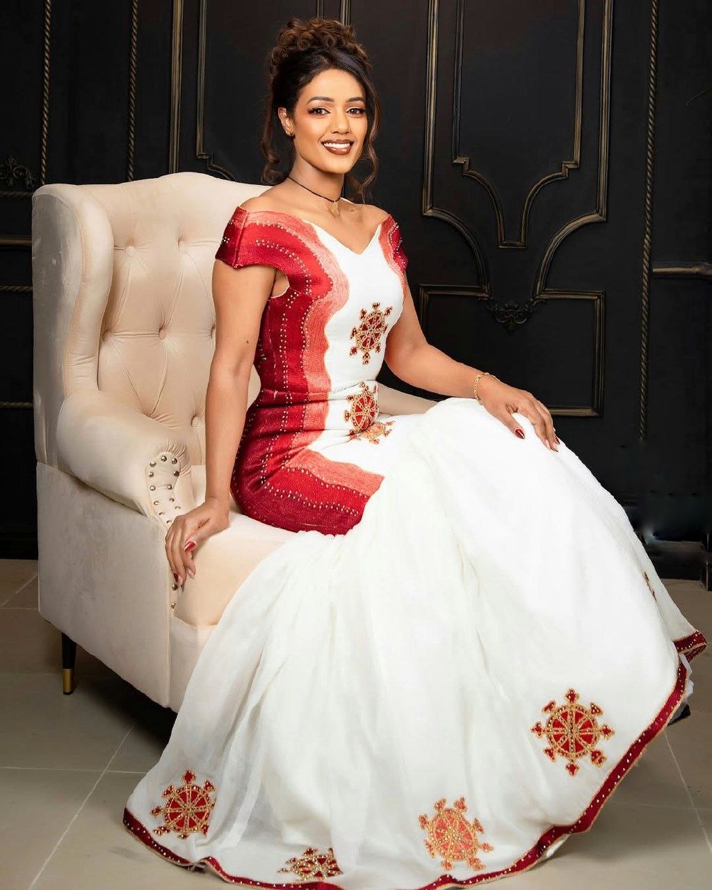 Stunning Mermaid Habesha Dress Golden and Red Detailed Design