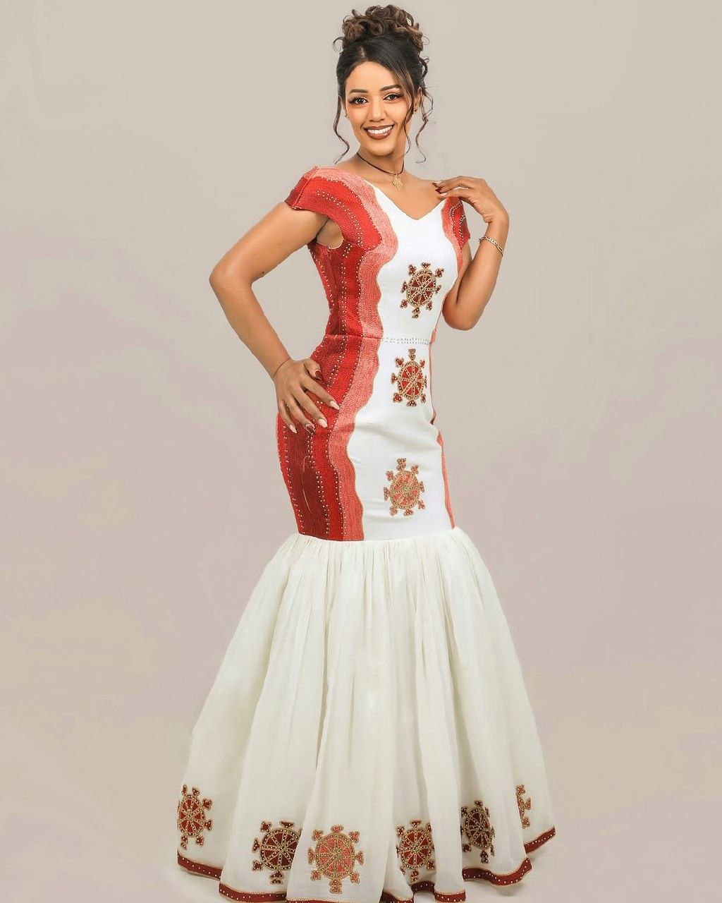 Stunning Mermaid Habesha Dress Golden and Red Detailed Design