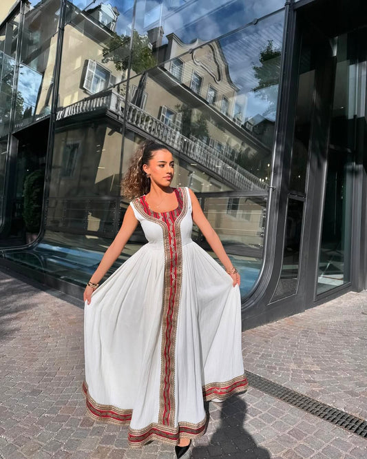 Beautiful Red Menen Habesha Dress with Stunning Adornment