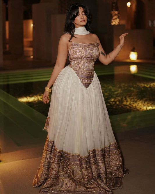 Soft Elegance in Every Thread: Lavender Habesha Kemis with Flattering V-Waist 
