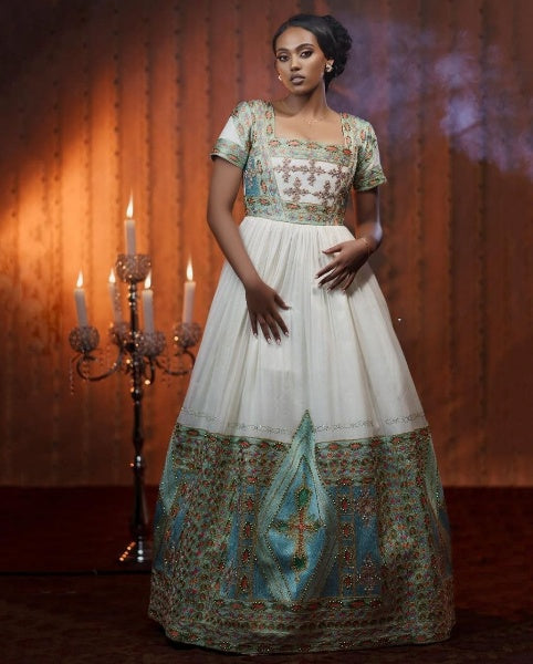 Majestic Habesha Wedding Dress with Embroidered Cape Gown for Elegant Ethiopian Grand Occasions
