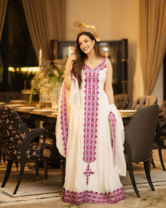 Vibrant Habesha Kemis with Hot Pink Embroidery Traditional Ethiopian Dress for Cultural events
