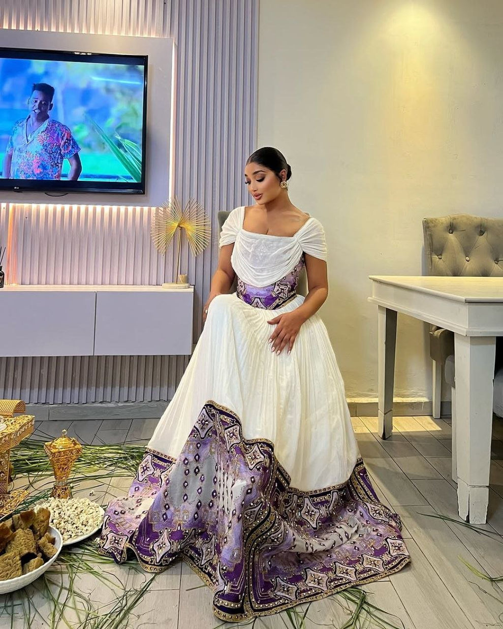 Pristine White Habesha Kemis with Purple & White Tibeb – Classic Ethiopian Kemis main image 1