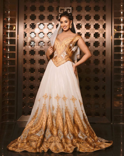 Golden Habesha Wedding Dress with Veil : Perfect for Your Special Day