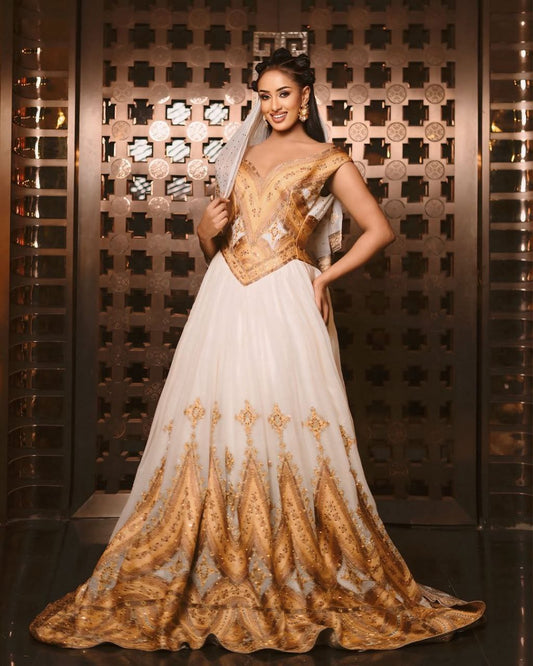 Golden Habesha Wedding Dress with Veil : Perfect for Your Special Day