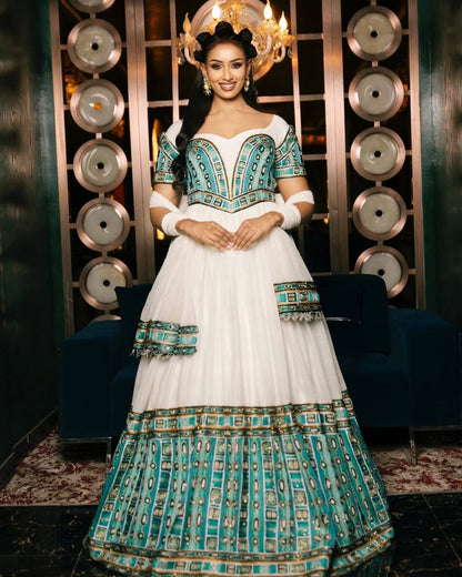 Vibrant Green and Gold Habesha Kemis Perfect for Joyful Occasions