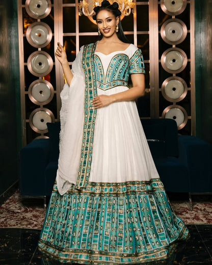 Vibrant Green and Gold Habesha Kemis Perfect for Joyful Occasions