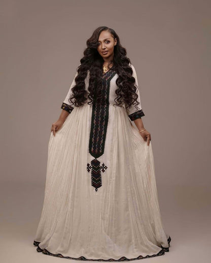 Elegant Black Patterned Habesha Dress with Timeless Traditional Beauty
