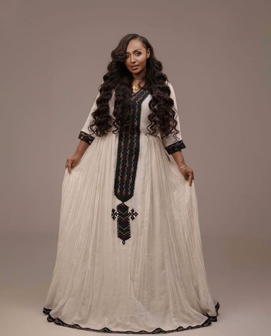 Elegant Black Patterned Habesha Dress with Timeless Traditional Beauty
