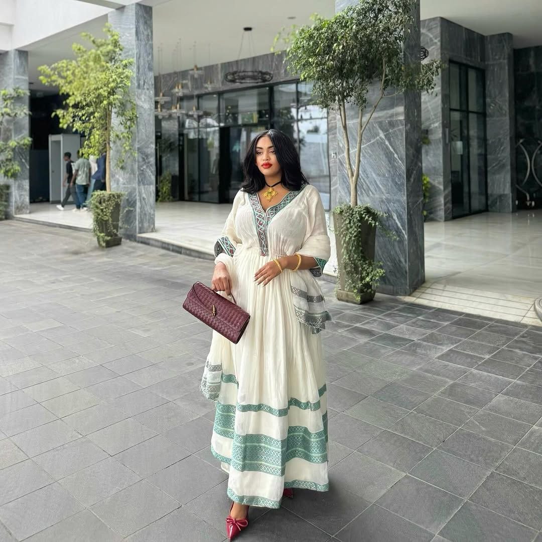 Simple Habesha Kemis with Elegant Teal Tilf Modern Ethiopian Dress for Special Occasions
