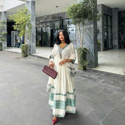 Simple Habesha Kemis with Elegant Teal Tilf Modern Ethiopian Dress for Special Occasions
