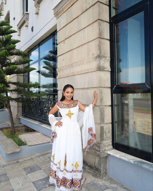  Beautiful Habesha Dress with Intricate Gold and Brown Tibeb For Cultural Event
