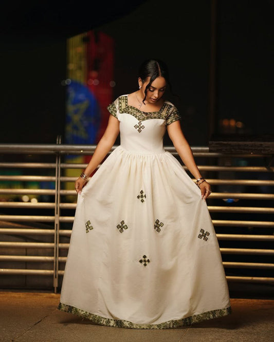 Elegant Ivory Habesha Dress with Olive Green and Gold Accents: A Graceful Ethiopian Dress
