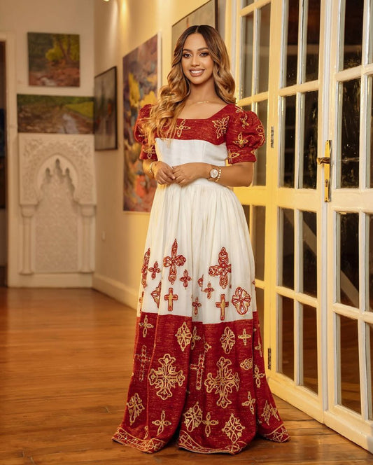 Elegant Ethiopian Habesha Dress with Red & Gold Embroidery for Celebrations