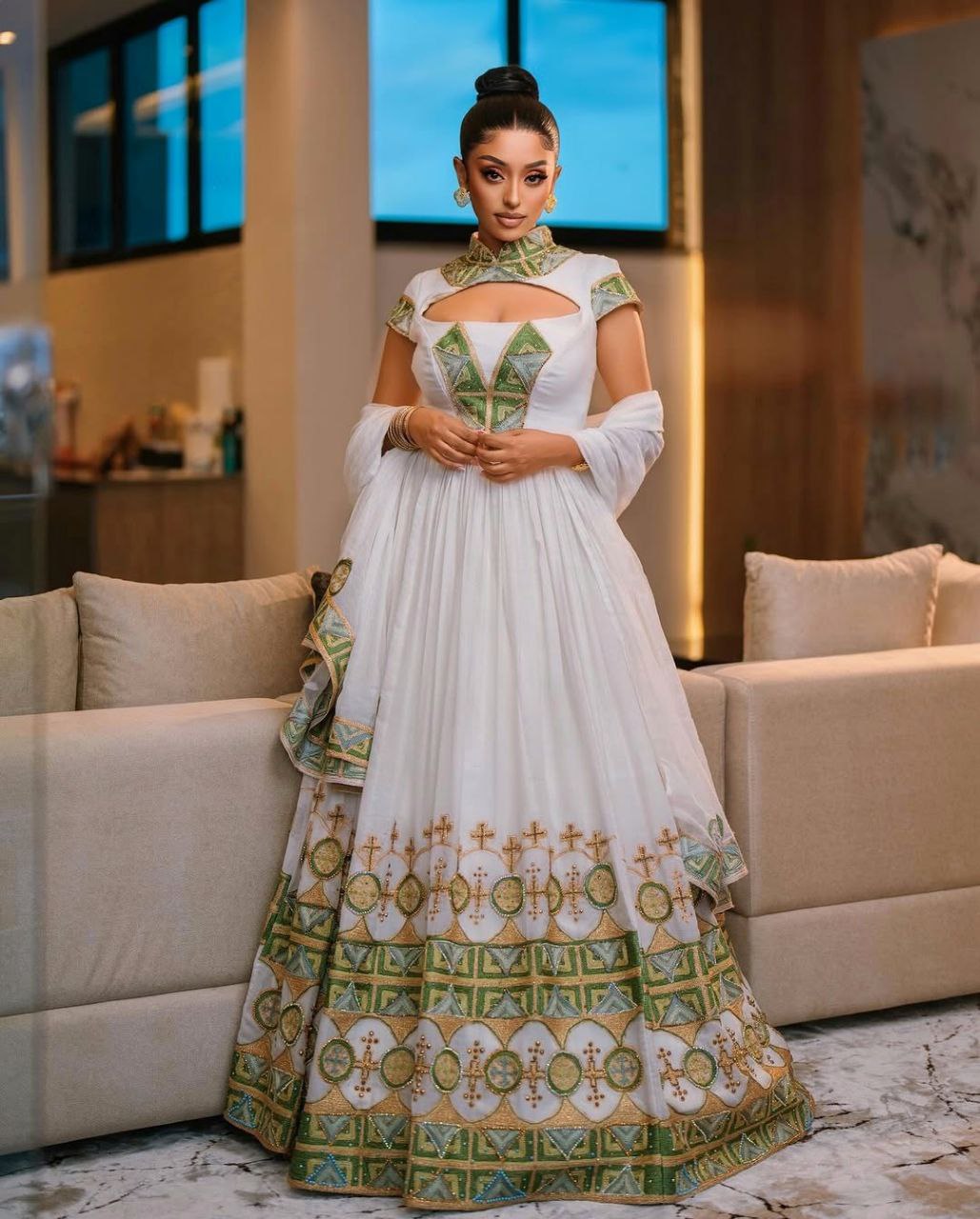Chic Habesha Kemis with Green Accents Modern Ethiopian Dress for Weddings