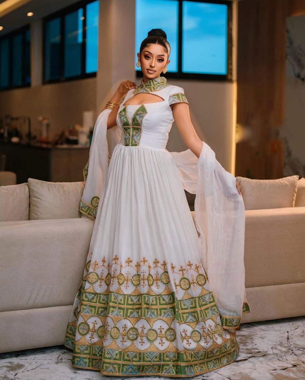 Chic Habesha Kemis with Green Accents Modern Ethiopian Dress for Weddings