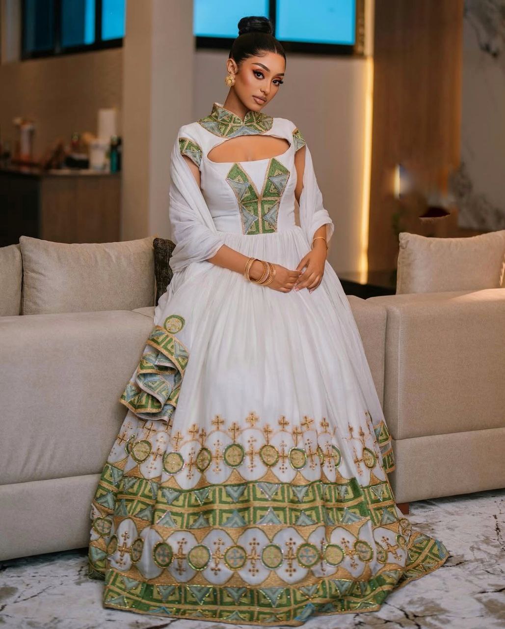 Chic Habesha Kemis with Green Accents Modern Ethiopian Dress for Weddings