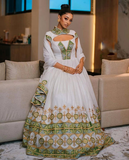 Chic Habesha Kemis with Green Accents Modern Ethiopian Dress for Weddings