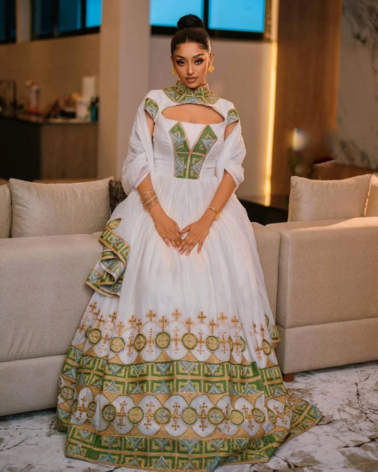 Chic Habesha Kemis with Green Accents Modern Ethiopian Dress for Weddings 

