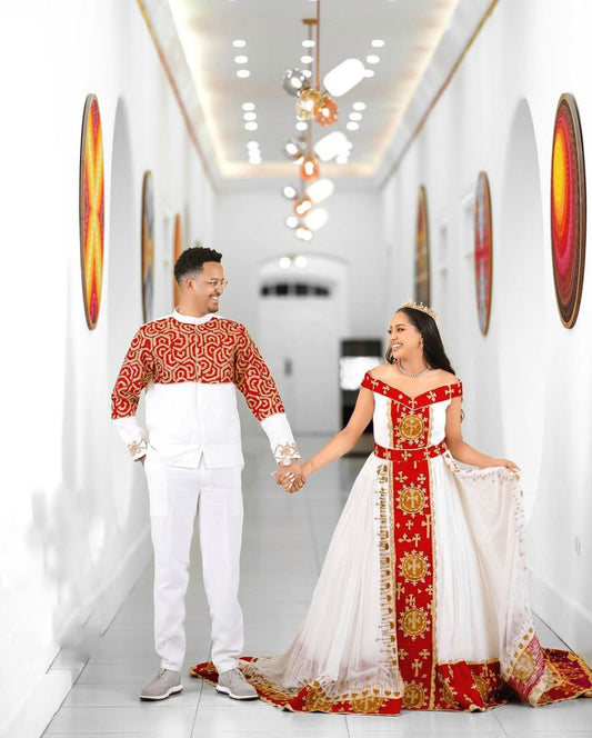 Bold Red and Gold Habesha Couple Outfit with Royal Embroidery for Weddings and Celebrations
