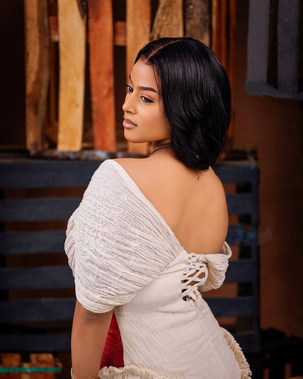 Stylish Habesha Kemis with Textured Fabric and Red V-Front for Engagements and Ceremonies