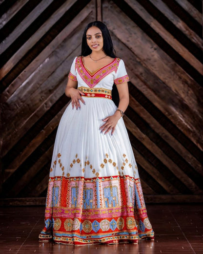 Elegant Ethiopian Wedding Dress with Colorful Embroidery and V-Neck Kemis for Brides and Ceremonies
