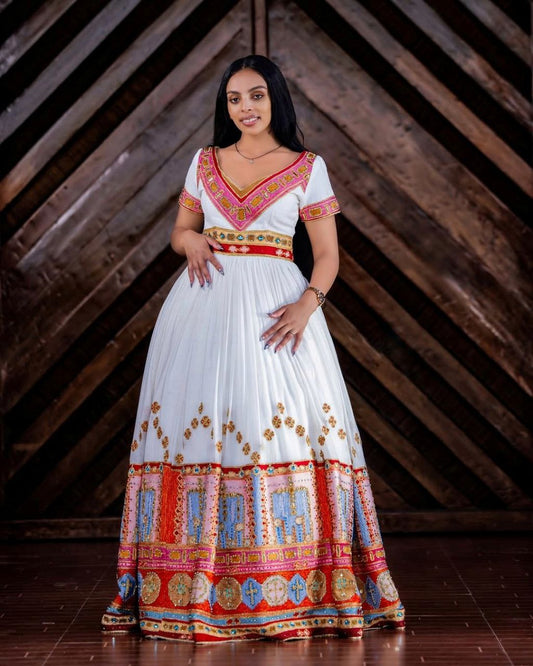 Elegant Ethiopian Wedding Dress with Colorful Embroidery and V-Neck Kemis for Brides and Ceremonies
