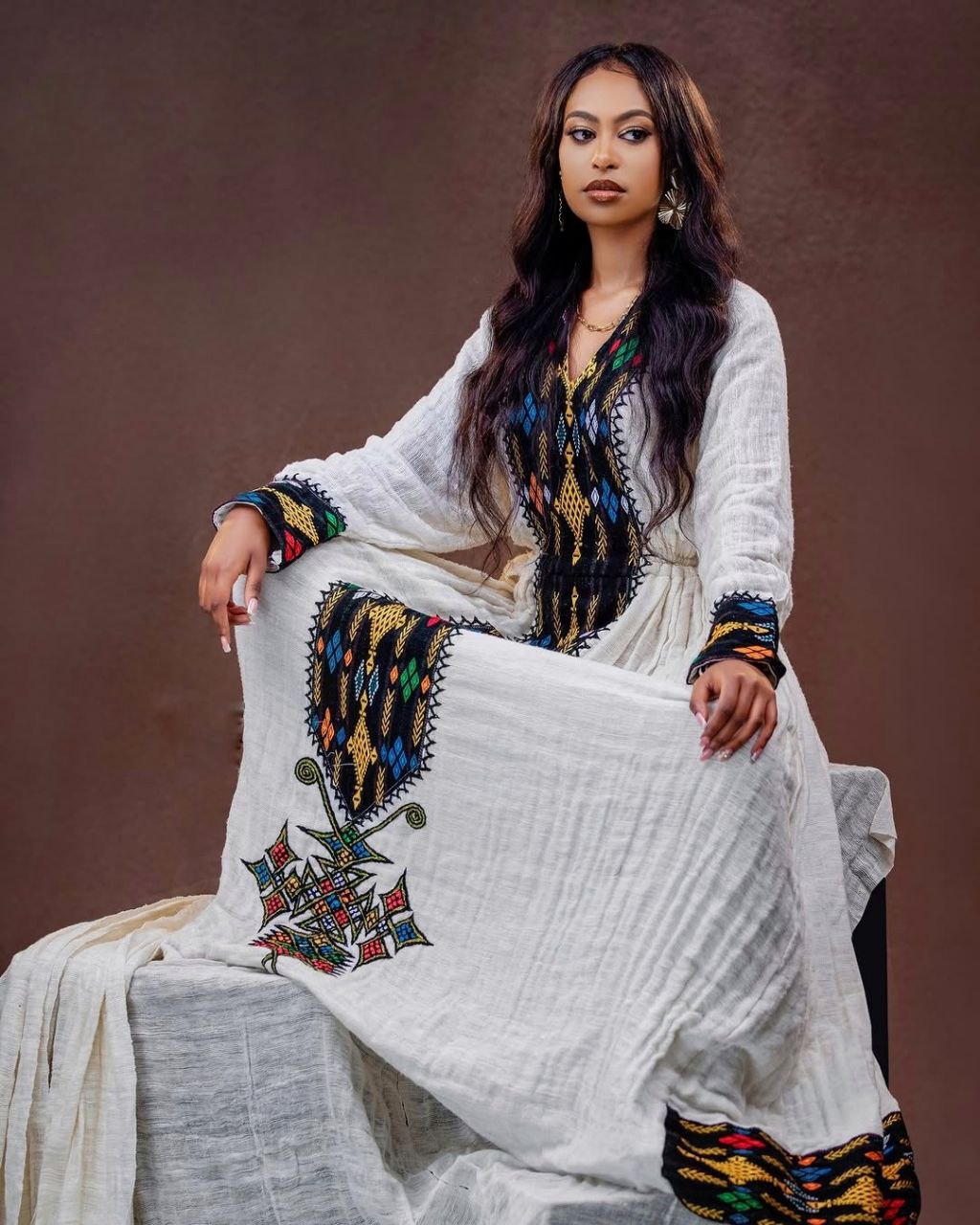 Bold Habesha Dress with Black and Multicolor Embroidery for Traditional Cultural Events