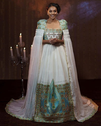 Majestic Habesha Wedding Dress with Embroidered Cape Gown for Elegant Ethiopian Grand Occasions
