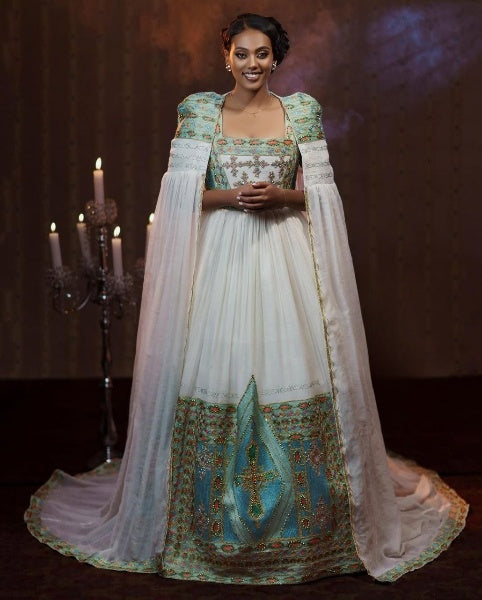 Majestic Habesha Wedding Dress with Embroidered Cape Gown for Elegant Ethiopian Grand Occasions
