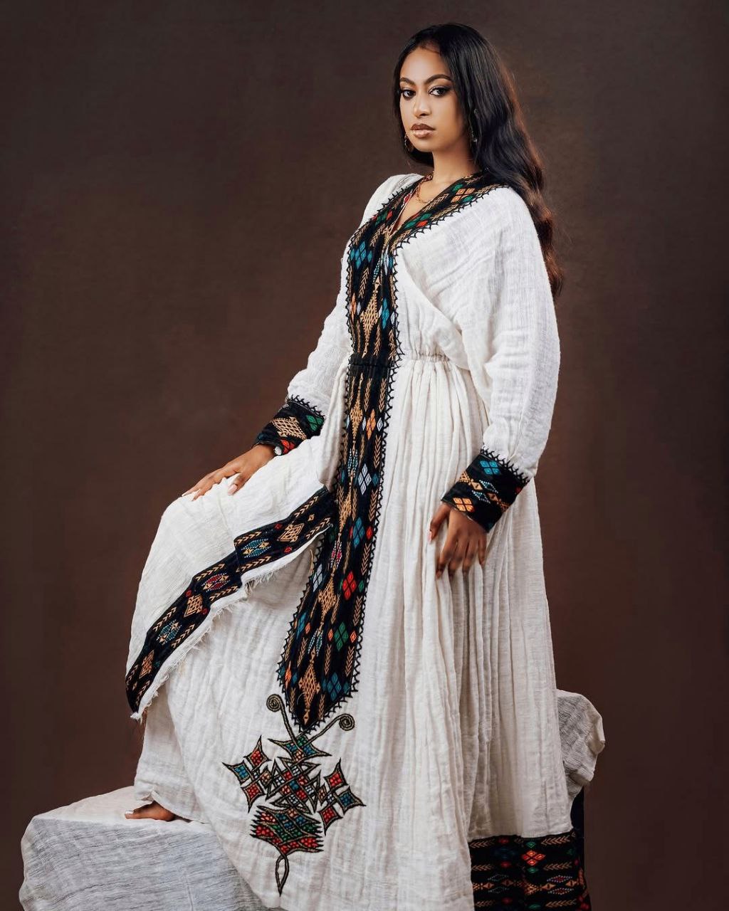 Bold Habesha Dress with Black and Multicolor Embroidery for Traditional Cultural Events

