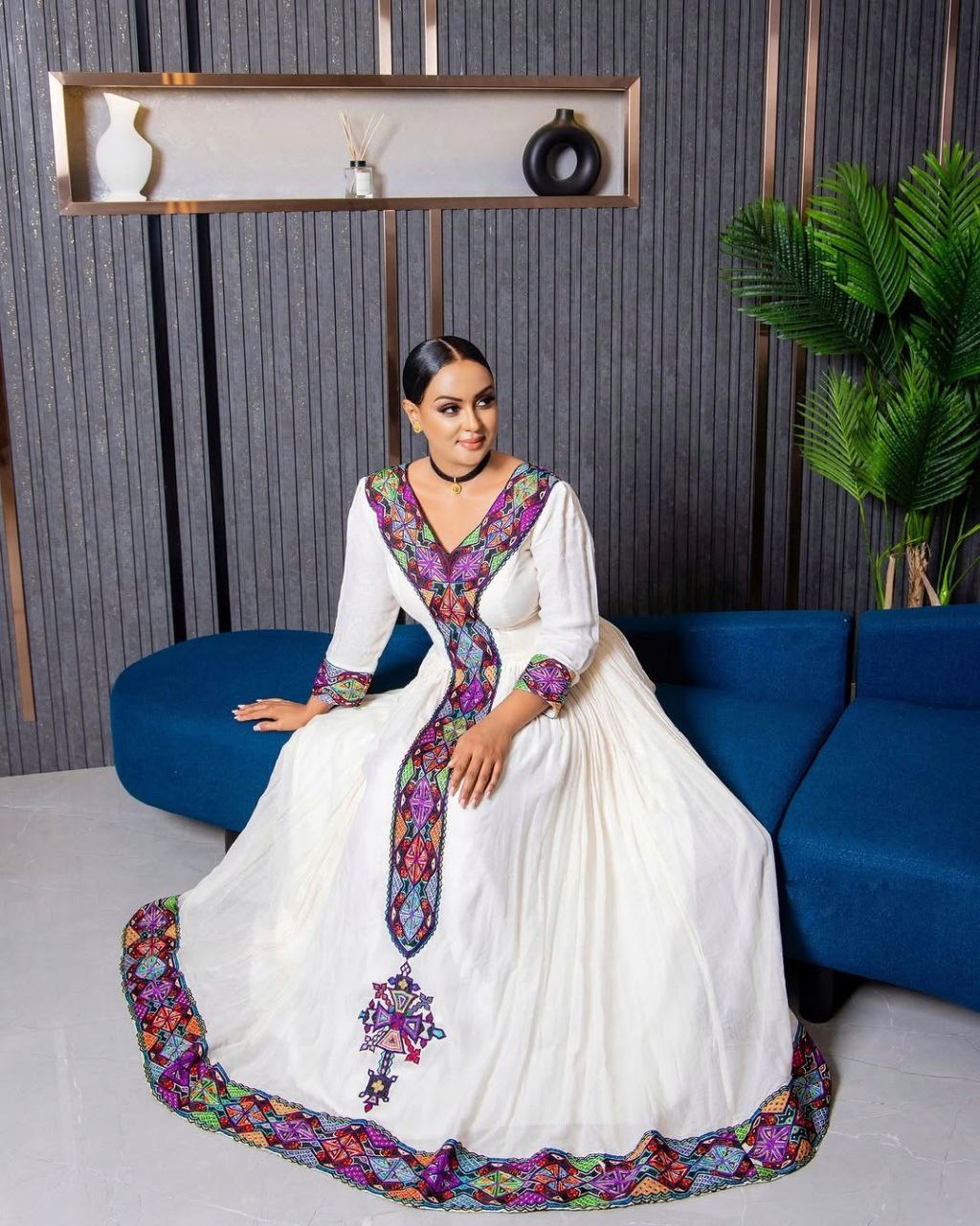 Colorful Habesha Dress with Multicolor Cross Embroidery for Special Occasions