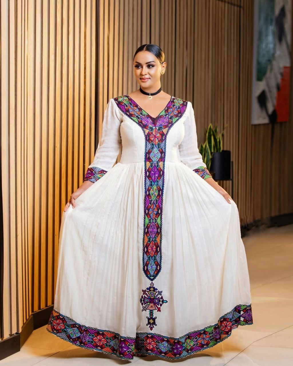 Colorful Habesha Dress with Multicolor Cross Embroidery for Special Occasions

